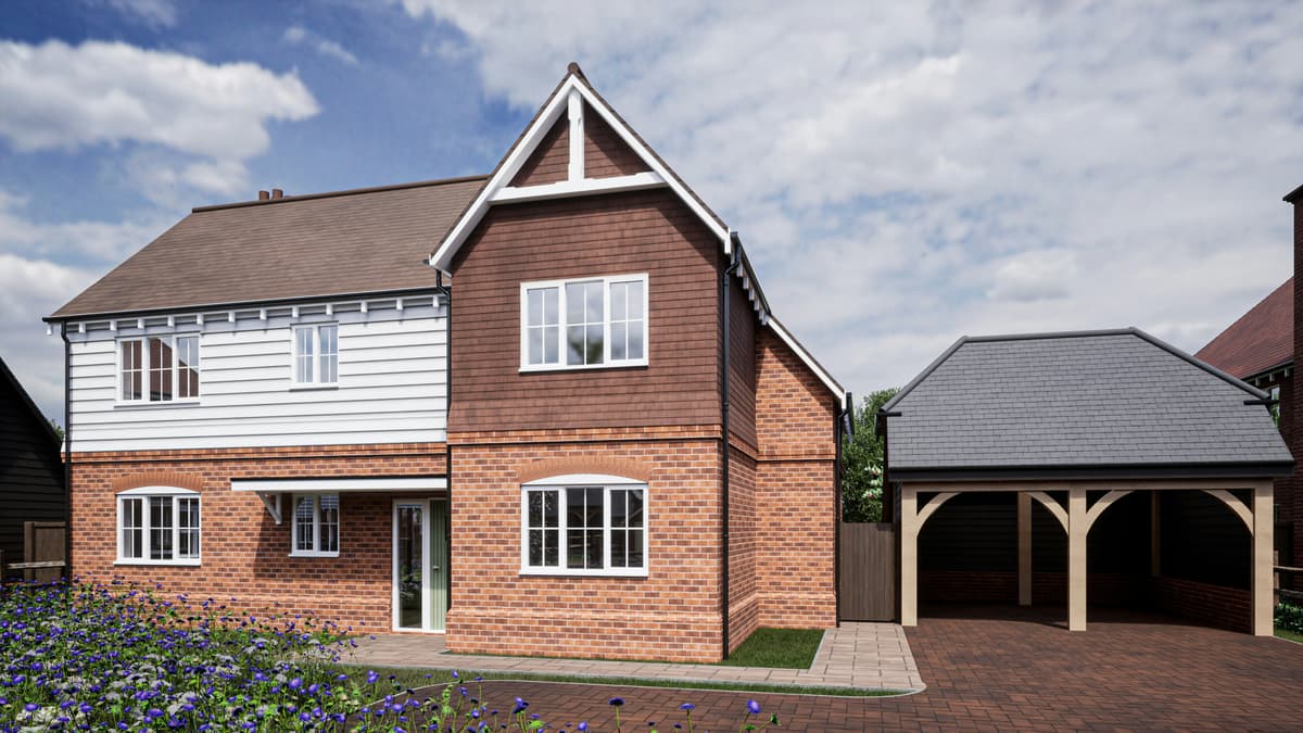 Brick and timber cottage-style house with white painted windows and bargeboards near Ticknall